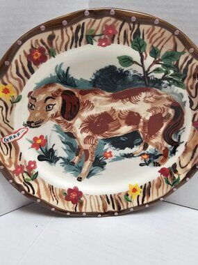 Anthropologie Nathalie Lete Dinner Plate Brown Dog Animal Grr 10" Art Pottery